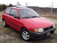 Sprzedam Toyotę Starlet po 1 właścicielu 19991r silnik 1.3 12V przebieg 171.000, auto wyposażone w ABS, Radio, tylne szyby uchylne, aluminiowe koła z oponami zimowymi.
Auto w dobrym stanie technicznym w dniu 05.02.2013r zmieniłem tylne amortyzatory, olej