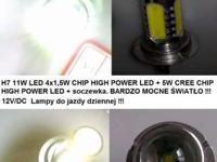 Oferuję do sprzedaży nowe żarówki typu H7 barwa światła czysta biała 4 x chip 1,5 W HIGH POWER LED plus na froncie żarówki CREE CHIP 5W plus soczewka - bardzo mocne światło! Łączna moc żarówki 11 W LED. Żarówki znajdują zastosowanie między innymi jako